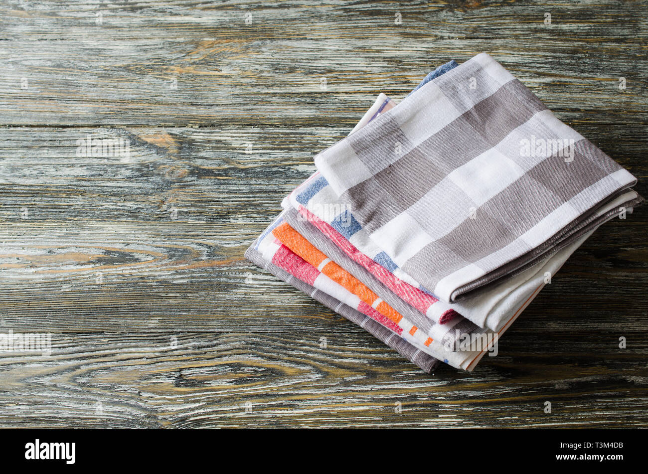 Stack Of Kitchen Towels Or Napkins Over The Rustic Wooden Table View From Above With Copy Space Stock Photo Alamy