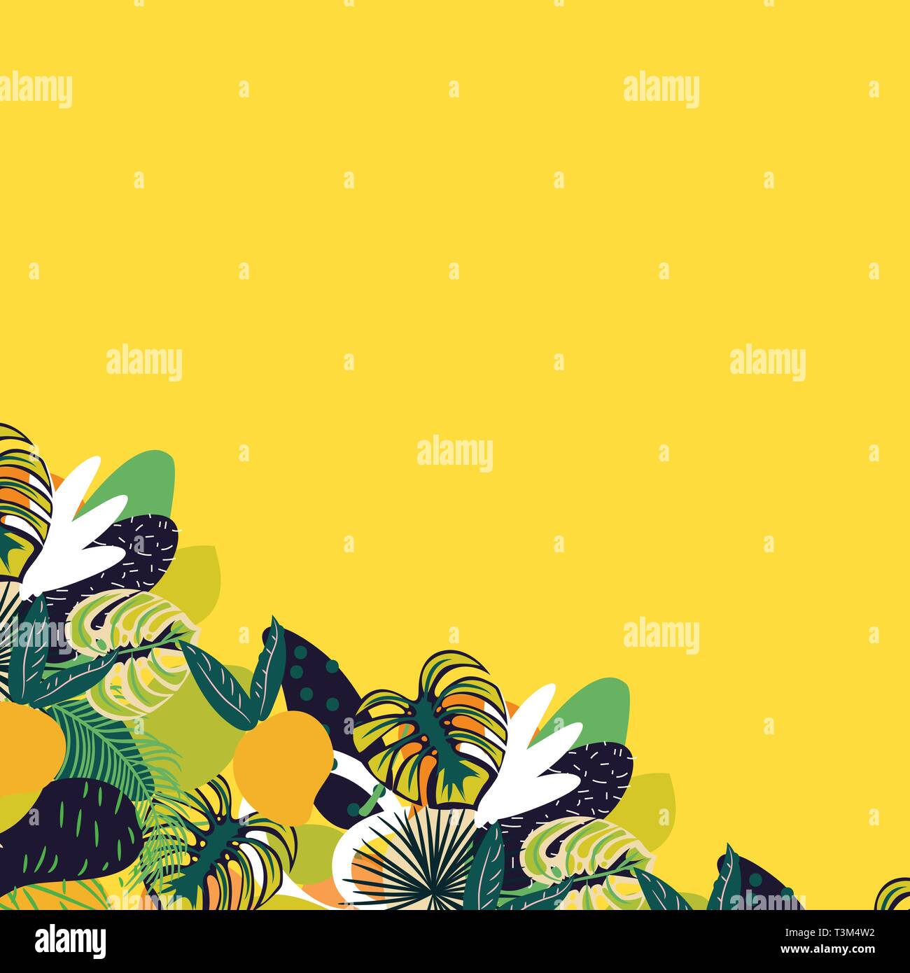 Tropical fruits and leaves juicy banner template. Yellow copyspace ...