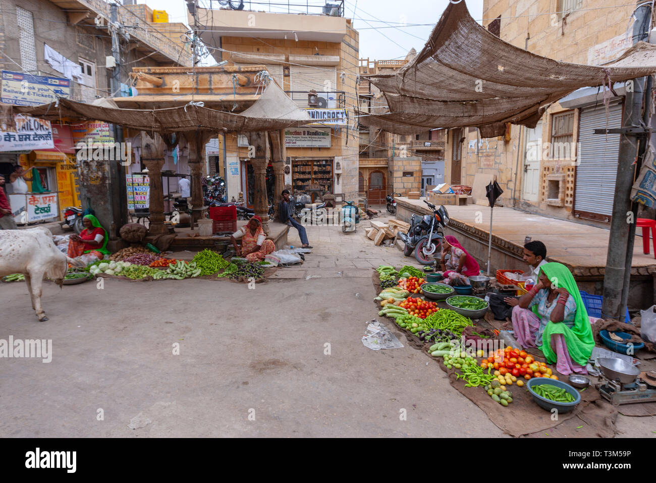 Selling vegetable on the floor in the jaisalmer market hi-res stock