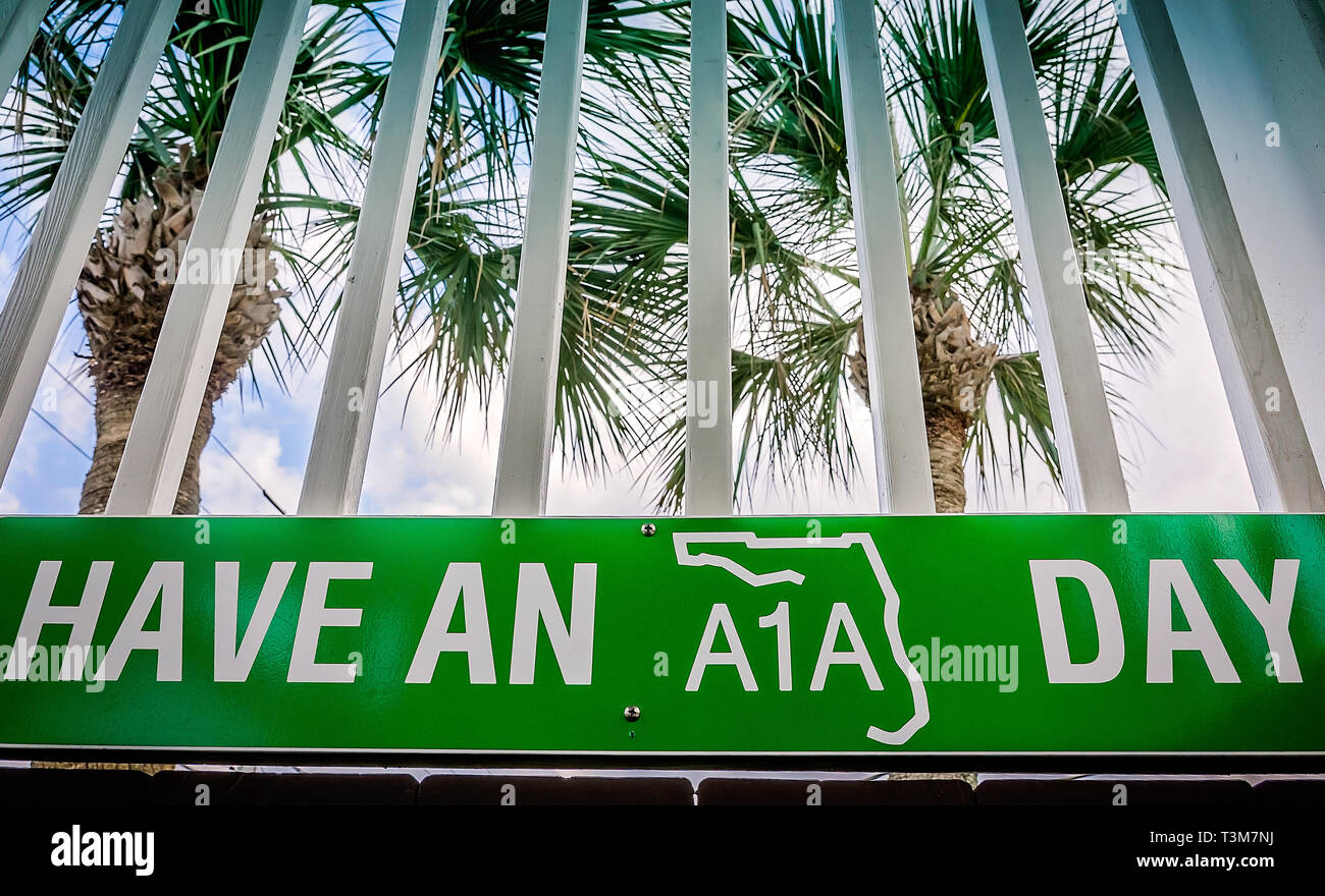 A sign exhorts customers to “Have an A1A Day” at Sunset Grille, March 19, 2016, in St. Augustine, Florida. The restaurant opened in 1990. Stock Photo