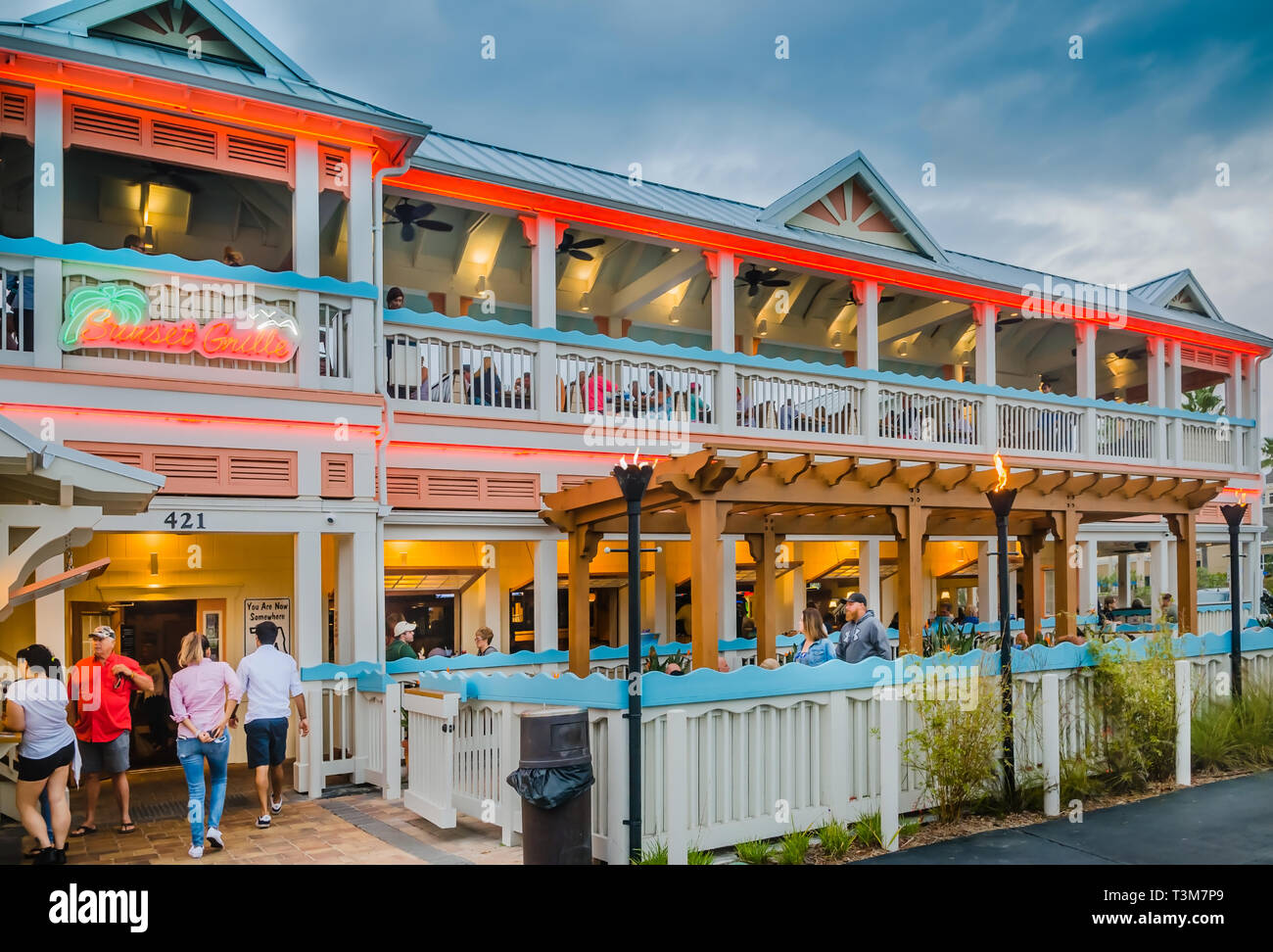 The sun sets on the Sunset Grille, March 19, 2016, in St. Augustine, Florida. The restaurant opened in 1990 and offers a laidback, Key West atmosphere. Stock Photo