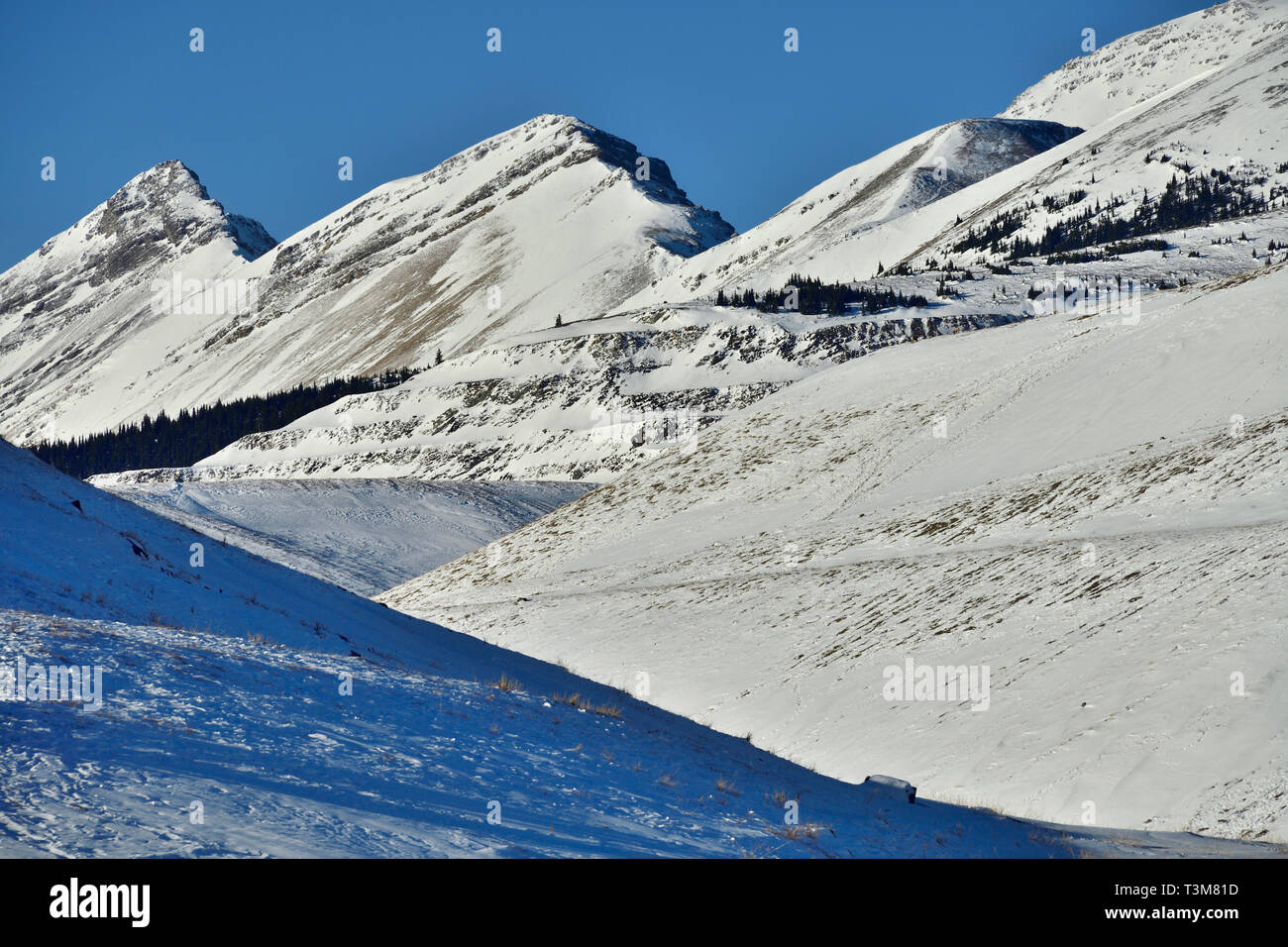 A landscape image of the snow covered rocky mountains with rising peaks
