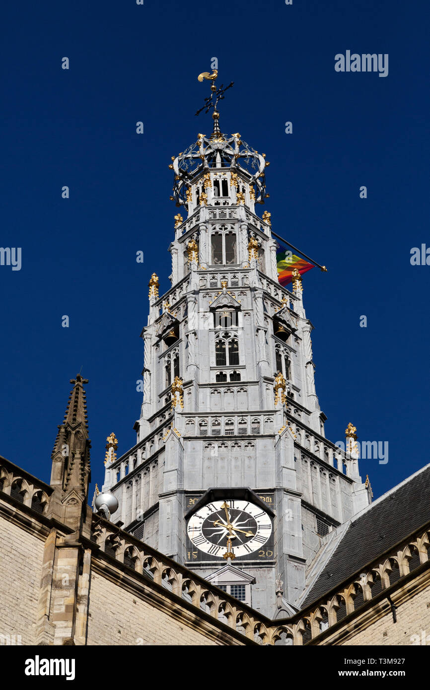 Tower of the St Bavo Church in Haarlem, the Netherlands. The church stands at the Grote Markt (market place). Stock Photo