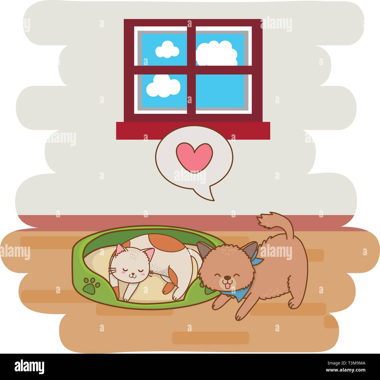 cute funny pets cats at pet bed cartoon vector illustration graphic