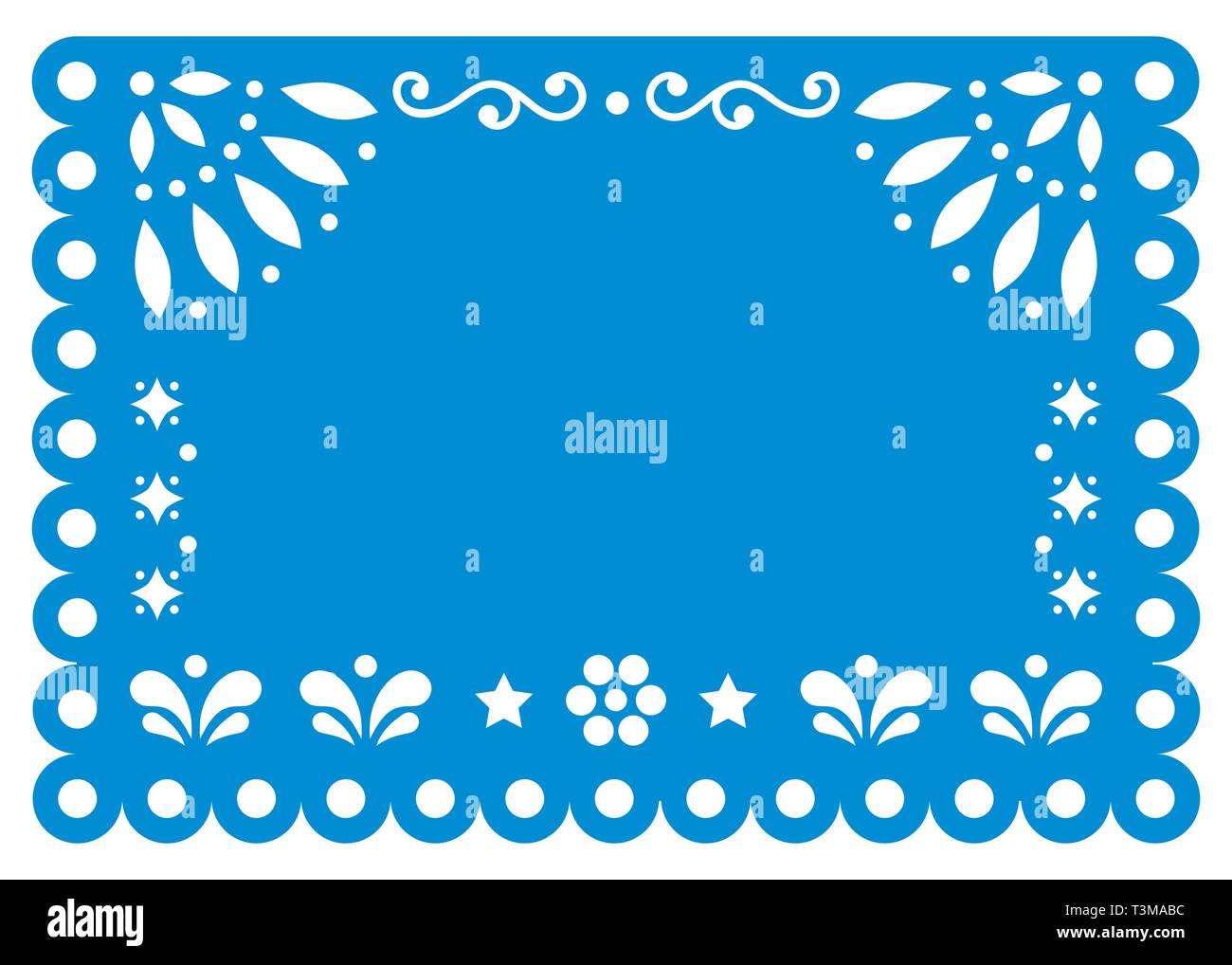 Papel Picado vector template design in blue with no text, Mexican paper decoration with flowers and geometric shapes - greeting card or invitation Stock Vector