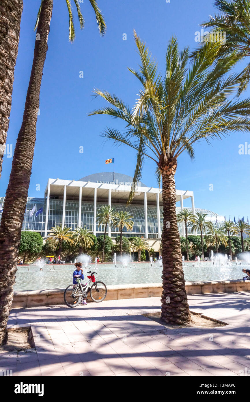 Valencia Turia Gardens with the Palm tree in front of Music Palace Concert Hall Valencia Spain Europe Stock Photo