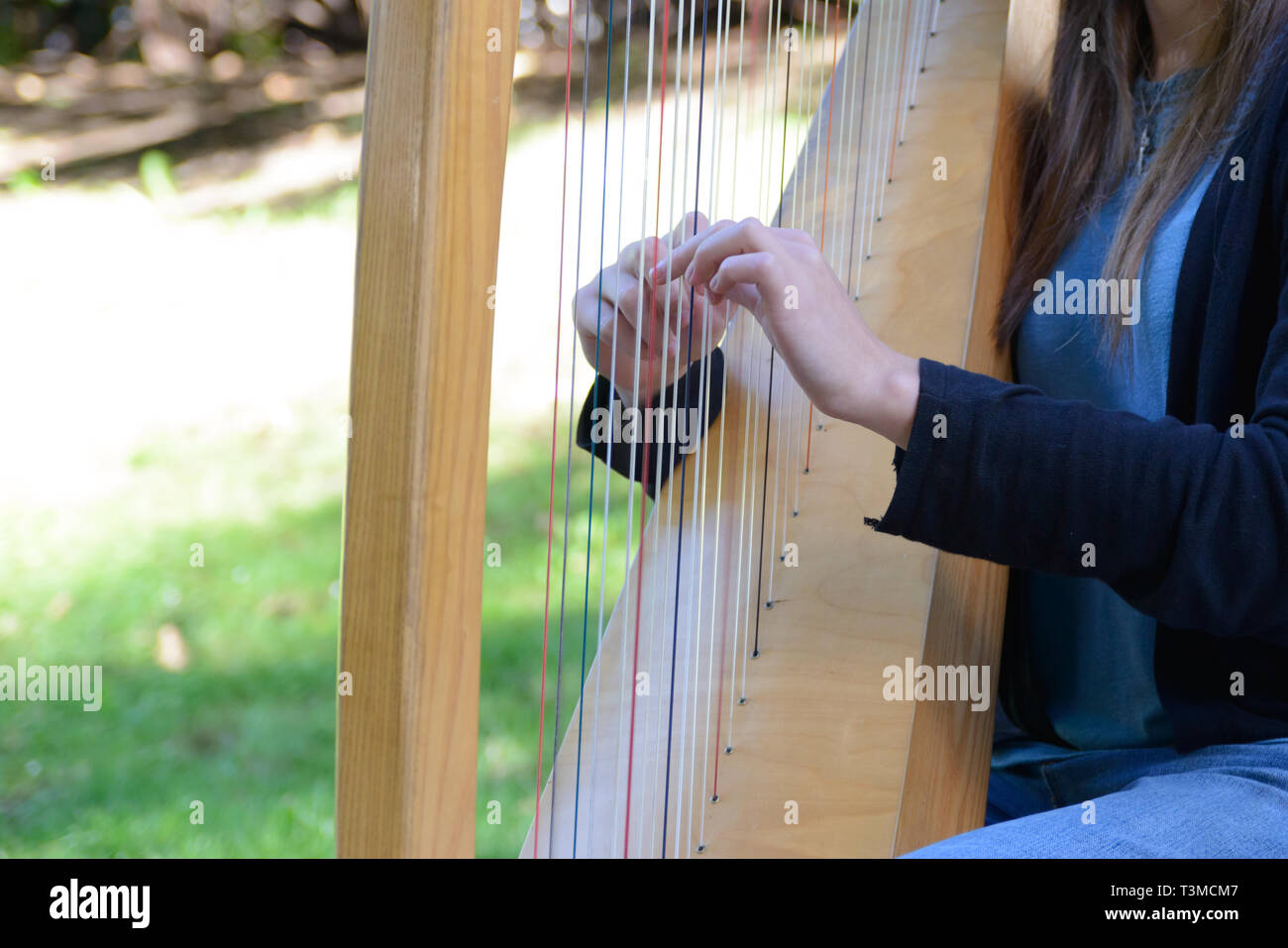 hands plucking the strings of a harp Stock Photo