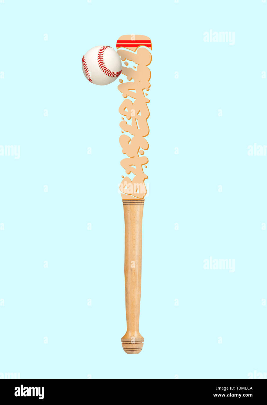 Try to play with unusual equipment. Baseball bat as a word and ball against  blue background. Modern design. Lettering, art collage. Concept of sport,  game. Negative space to insert your text Stock