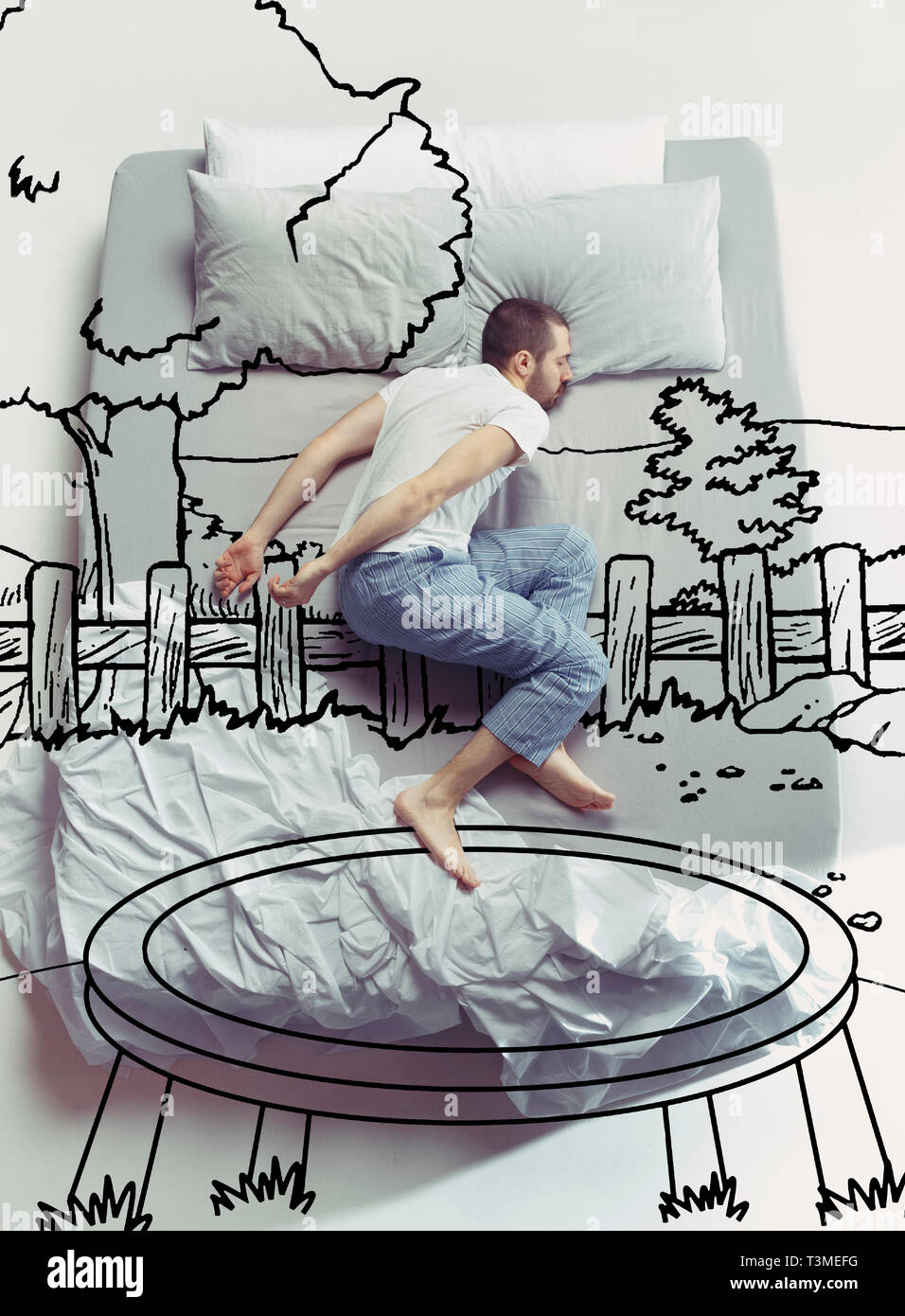Trampoline jumping. Top view photo of young man sleeping in a big white bed at home. Dreams concept. Painted dream about summertime, nature, activity, sport, trees, weekend, resort, holidays Stock Photo -