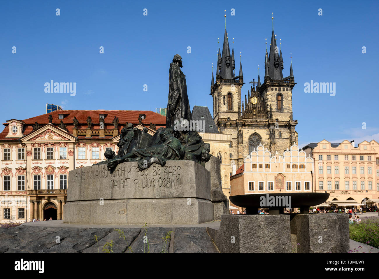 Prague. Czech Republic. Statue of Jan Hus & 14th century Church of Our Lady before Týn, Old Town Square. Stock Photo