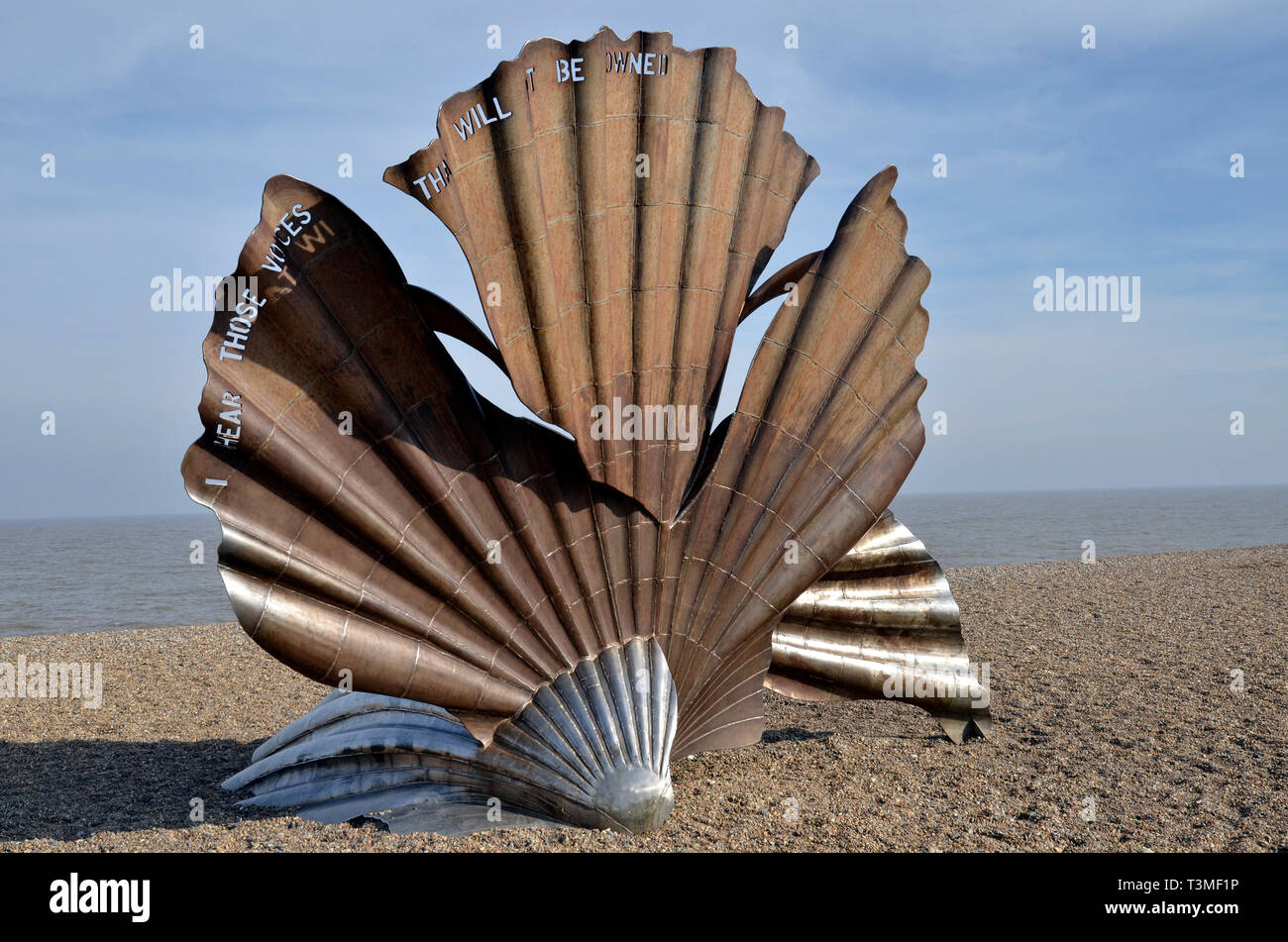 The Scallop sculpture on the beach at Aldeburgh. By local artist Maggi Hambling, it commemorates Benjamin Britten's association with the area. Stock Photo