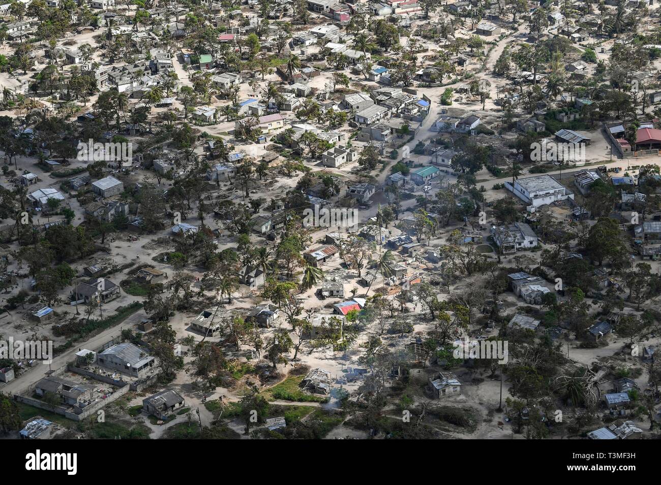 An aerial view of the aftermath of the massive Cyclone Idai destroying huge swaths of the region April 8, 2019 near Bebedo, Mozambique. The World Food Programme, with help from the U.S. Air Force is transporting emergency relief supplies to assist the devastated region. Stock Photo
