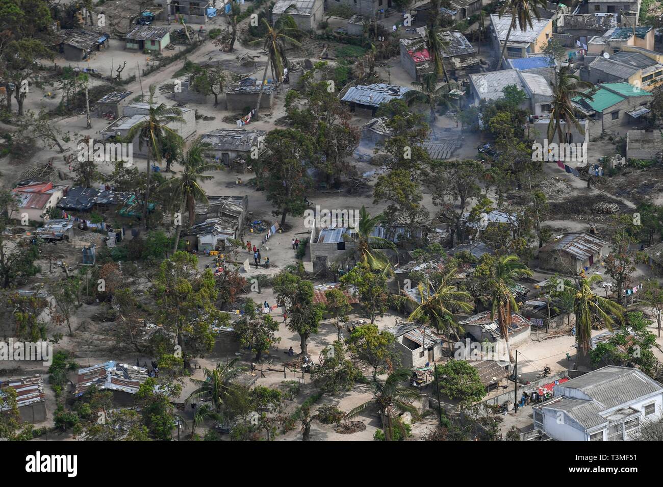 An aerial view of the aftermath of the massive Cyclone Idai destroying huge swaths of the region April 8, 2019 near Bebedo, Mozambique. The World Food Programme, with help from the U.S. Air Force is transporting emergency relief supplies to assist the devastated region. Stock Photo