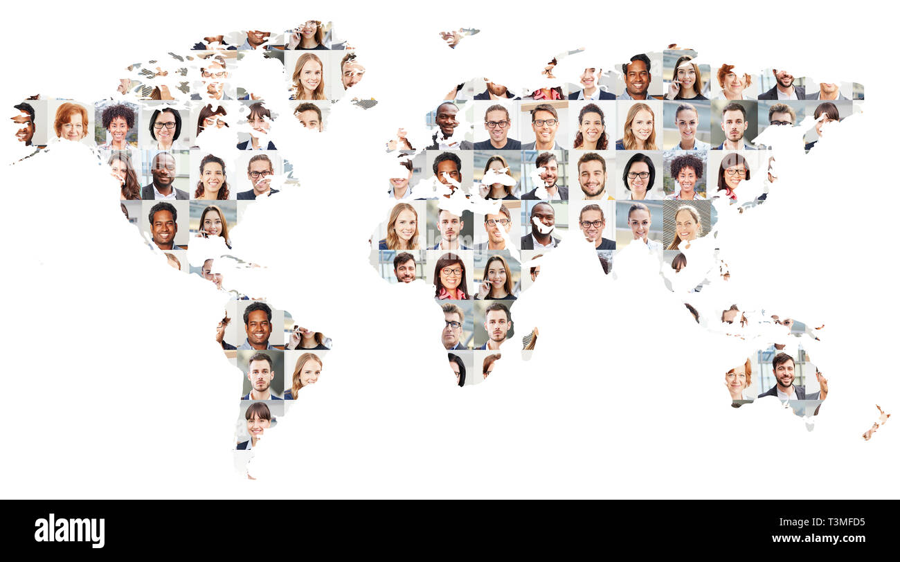 Portrait collage with business people on world map as business and globalization concept Stock Photo