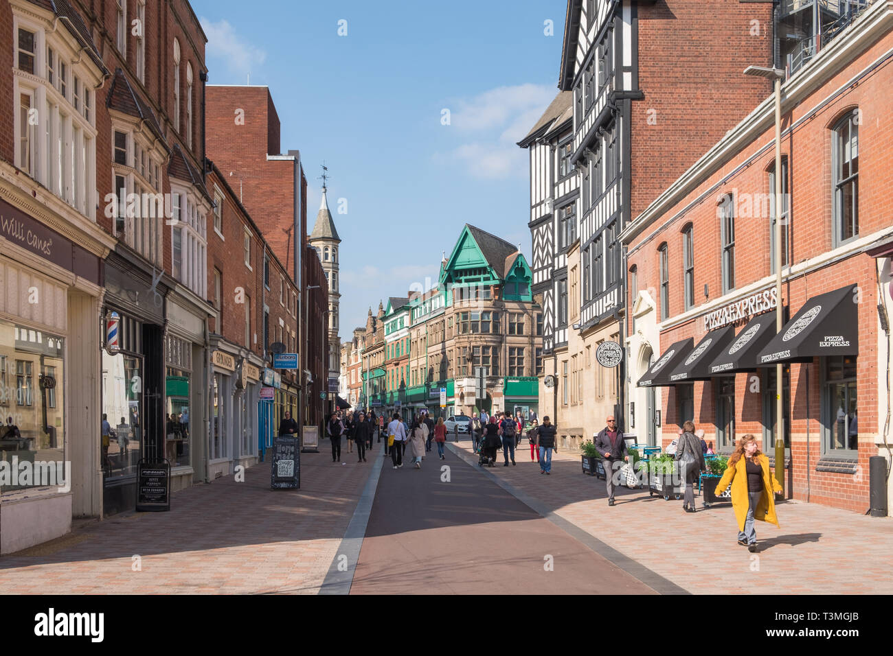 View along pedestrianised King Street in Leicester city centre looking towards the now closed Fenwick department store in Belvoir Street Stock Photo