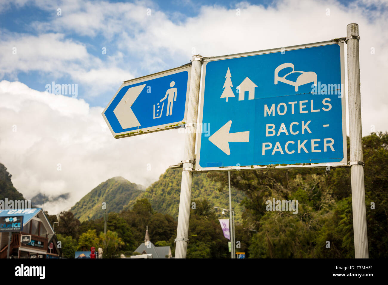 Sign for backpacker motel, Franz Josef, New Zealand Stock Photo