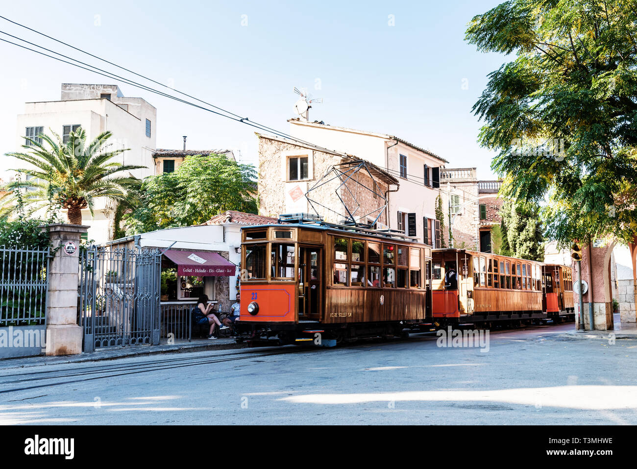historic tram in Soller town center on sunny day Stock Photo