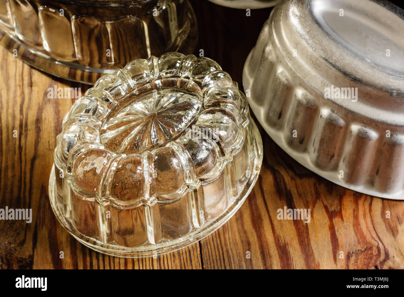 Old fashioned glass and aluminum jelly or blancmange moulds for making