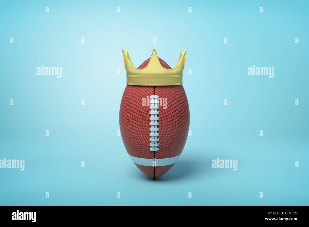 3d rendering of brown ball for American football standing upright and wearing golden crown on light blue background. Stock Photo