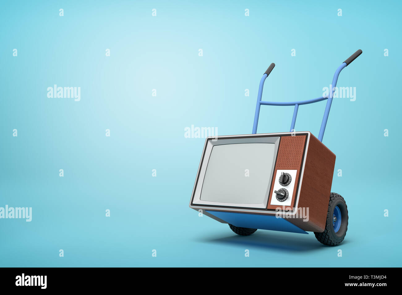3d rendering of blue hand truck standing in half-turn with brown retro TV set on it on light-blue background with copy space. Stock Photo