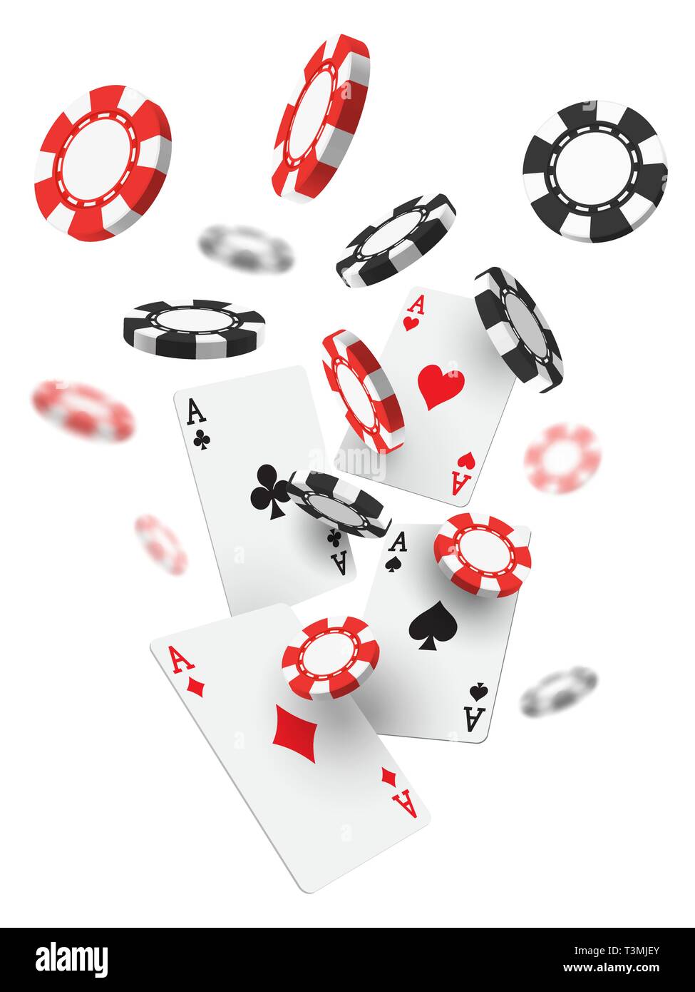 Flying realistic or 3d casino chips and aces cards Stock Vector