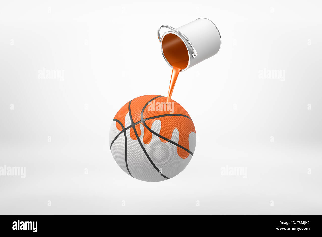 3d rendering of small silver paint bucket turned upside down with orange paint pouring on white basketball ball isolated on white background Stock Photo