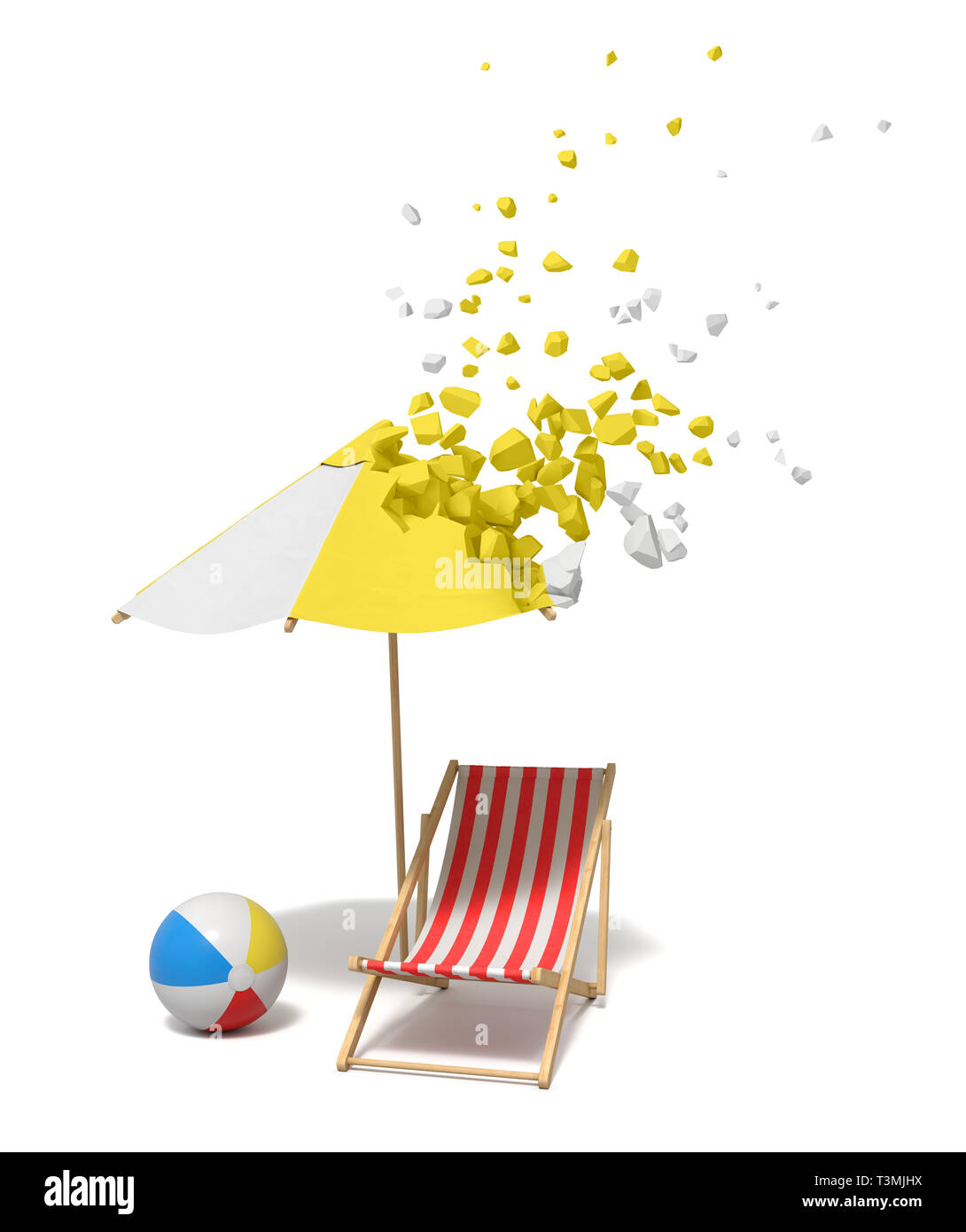 3d Rendering Of Striped Beach Chair Wind Ball And Beach Sunbrella Which Is Starting To Dissolve Into Pieces From Its Top On White Background Stock Photo Alamy