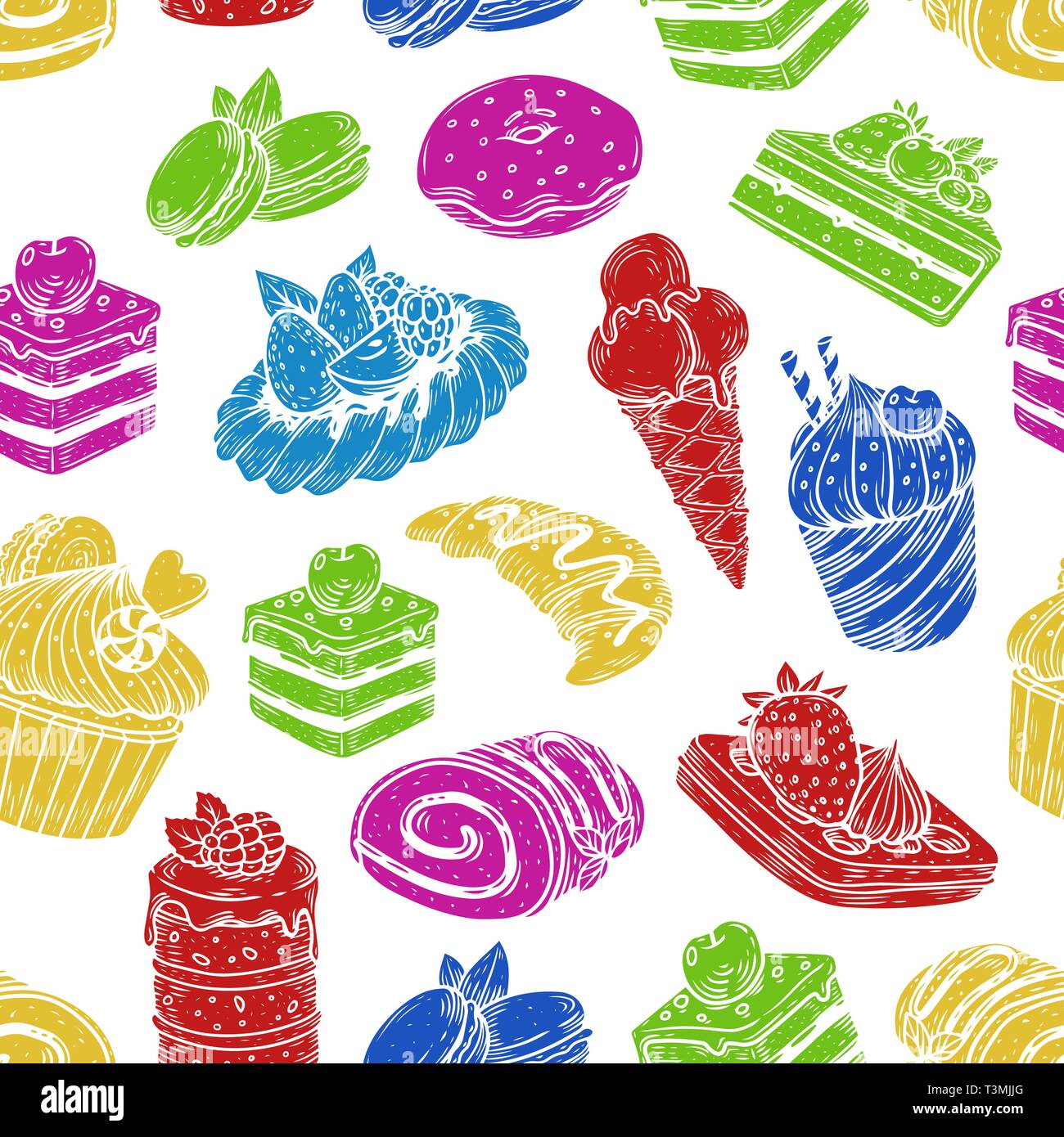 Sketch of sweets and bakery in seamless pattern Stock Vector
