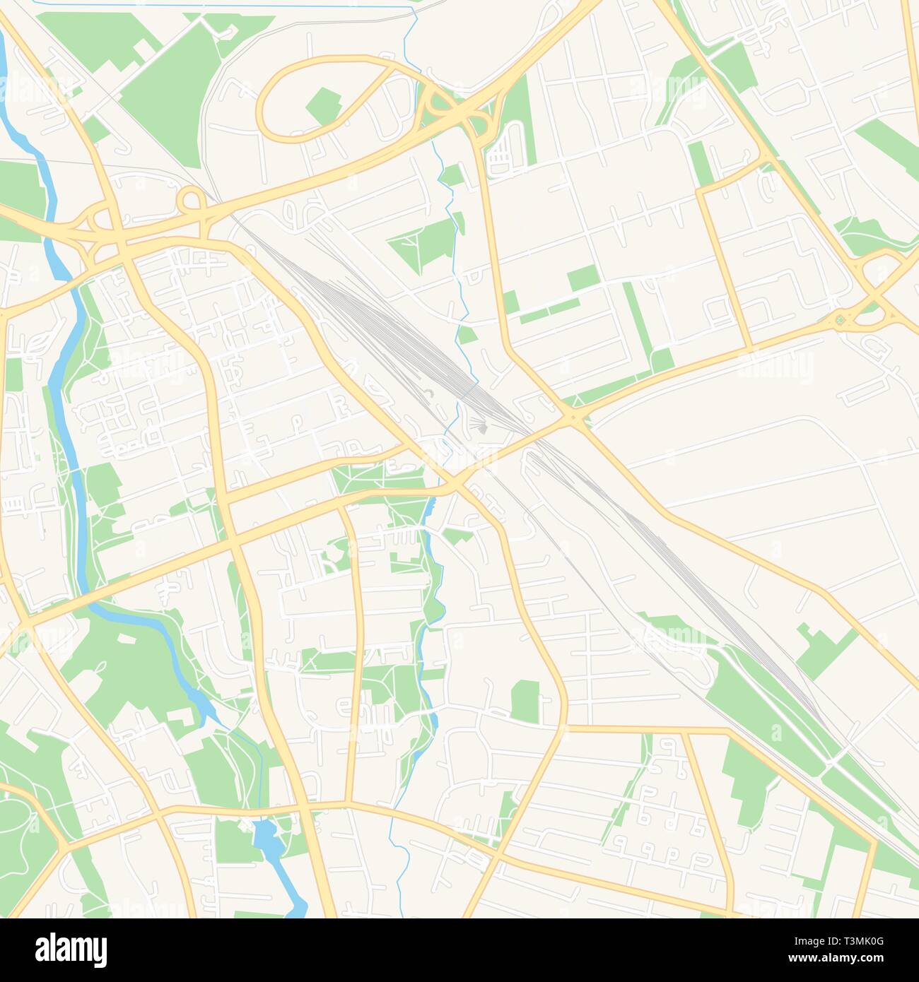 Printable map of Seinajoki, Finland with main and secondary roads and larger railways. This map is carefully designed for routing and placing individu Stock Vector
