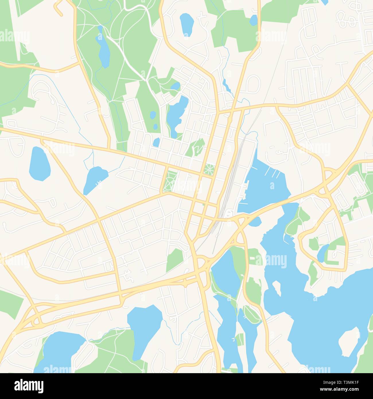 Printable map of Mikkeli, Finland with main and secondary roads and larger railways. This map is carefully designed for routing and placing individual Stock Vector