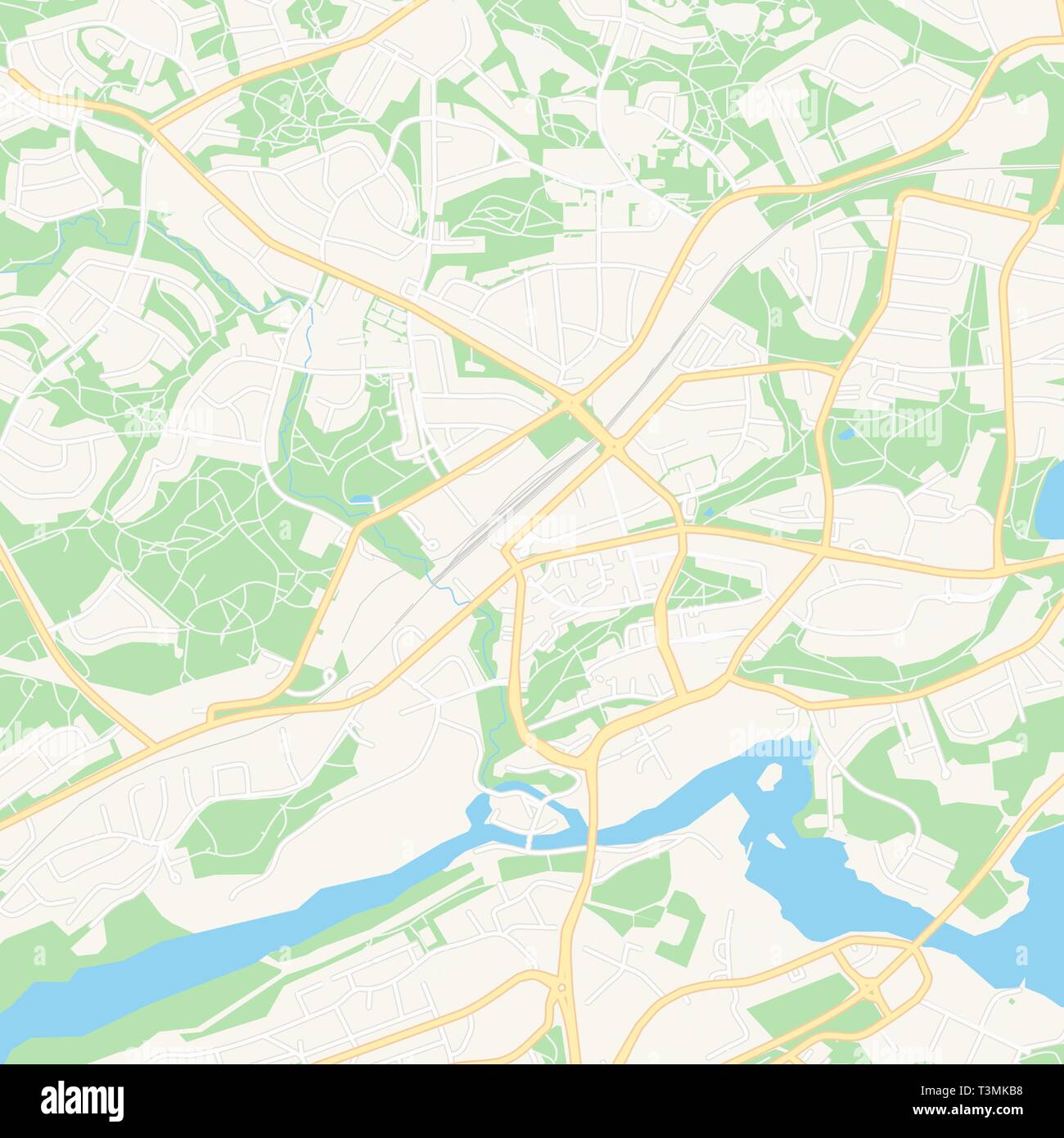 Printable map of Nokia, Finland with main and secondary roads and larger railways. This map is carefully designed for routing and placing individual d Stock Vector