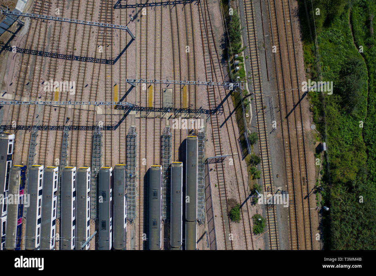 Aerial view over passenger trains in rows at a station Stock Photo Alamy
