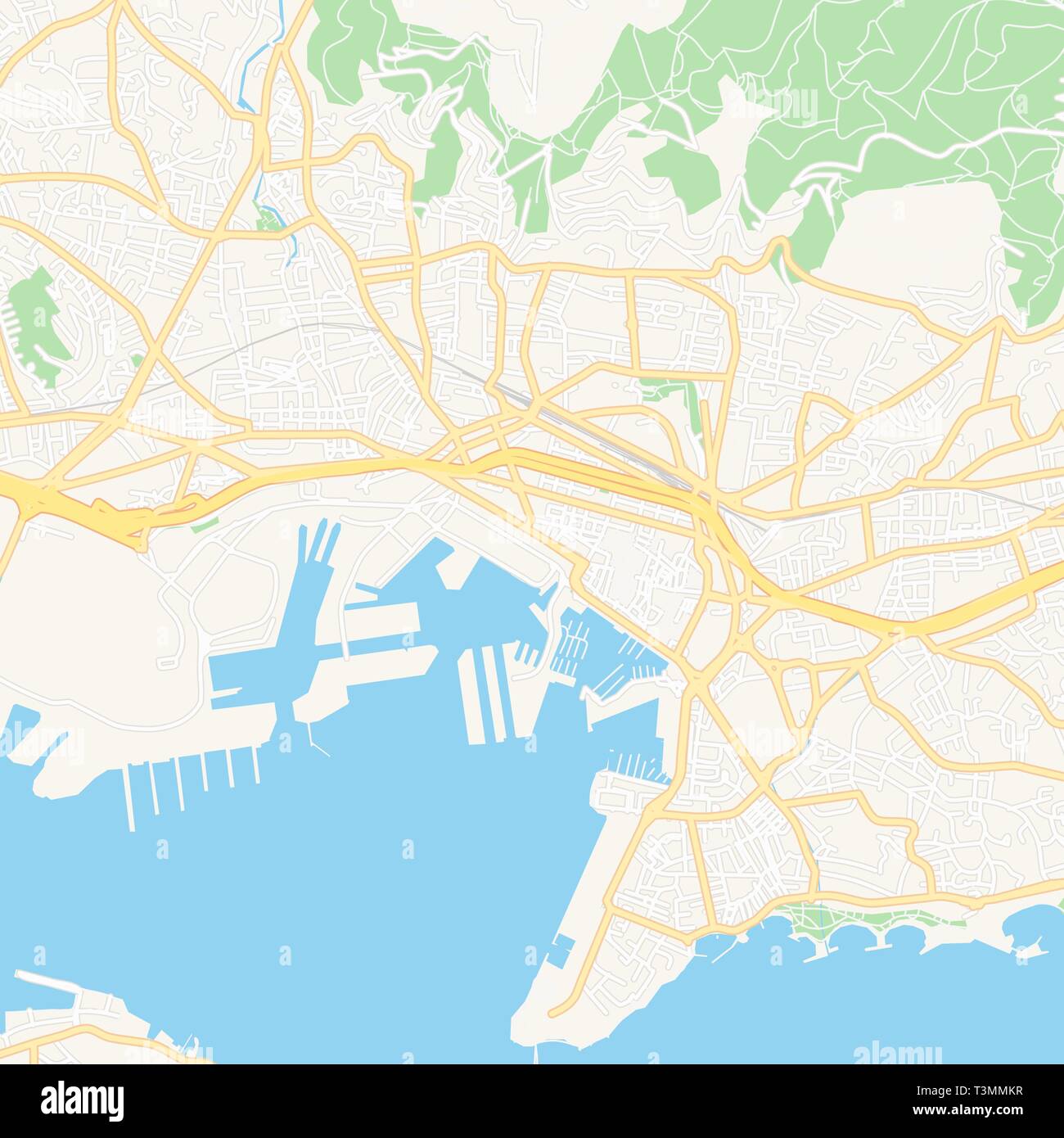 Printable map of Toulon, France with main and secondary roads and larger railways. This map is