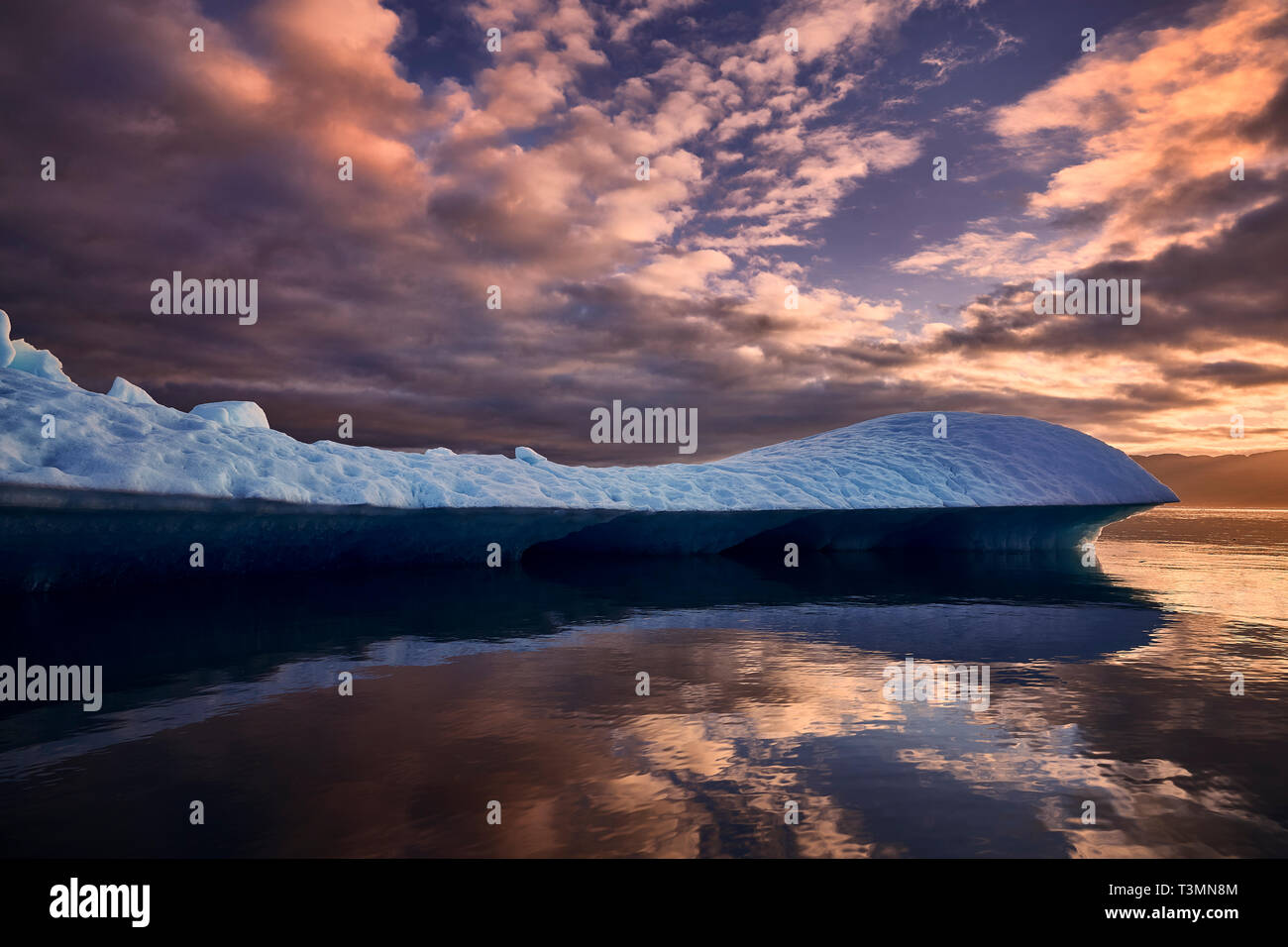 Icebergs at sunset, Scoresbysund, Greenland Stock Photo