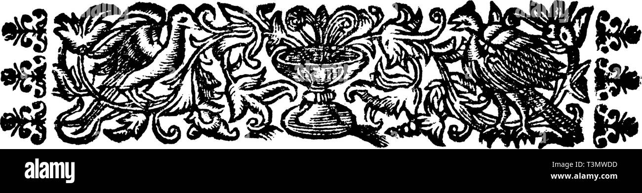 Antique vector drawing or engraving of classic vintage floral decorative design of two birds and chalice or holy grail.From book Die Betrubte Und noch ihrem Beliebten Geussende Turteltaube, printed in Prague, Austrian Empire, 1716. Stock Vector