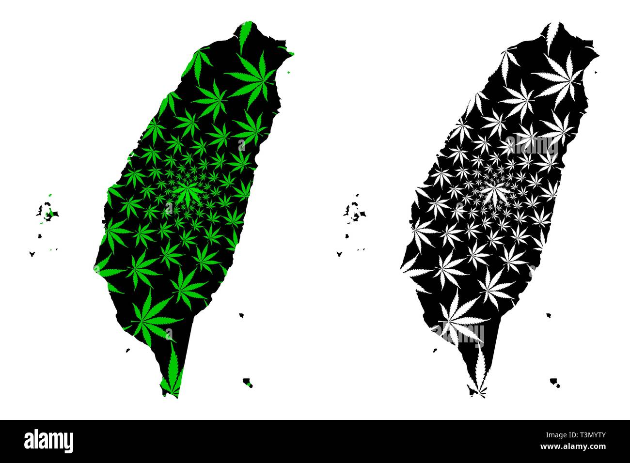 Taiwan - map is designed cannabis leaf green and black, Republic of China (ROC) map made of marijuana (marihuana,THC) foliage, Stock Vector