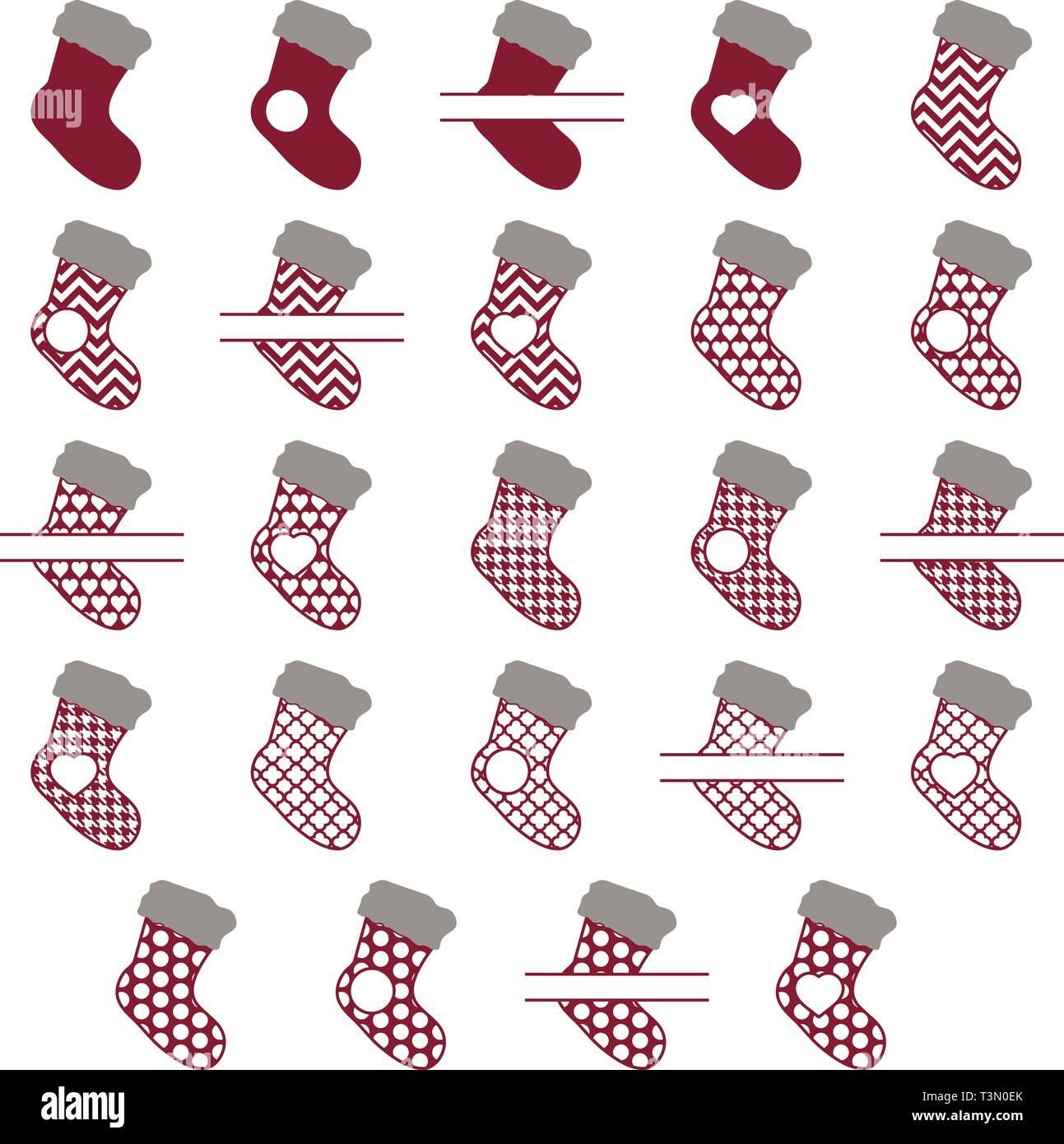 Three Christmas Stockings With Funny Drawings Stickers Cliparts For Xmas  Red Green Socks With Snowman Snowflakes Polar Bear In Hat Hanging Stockings  Isolated On White Background Vector Stock Illustration - Download Image