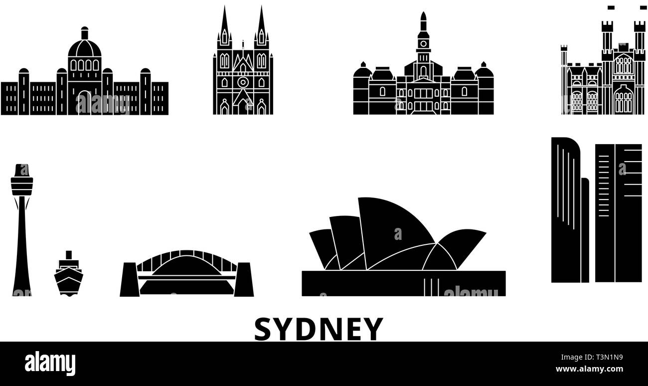 Australia, Sydney flat travel skyline set. Australia, Sydney black city vector illustration, symbol, travel sights, landmarks. Stock Vector