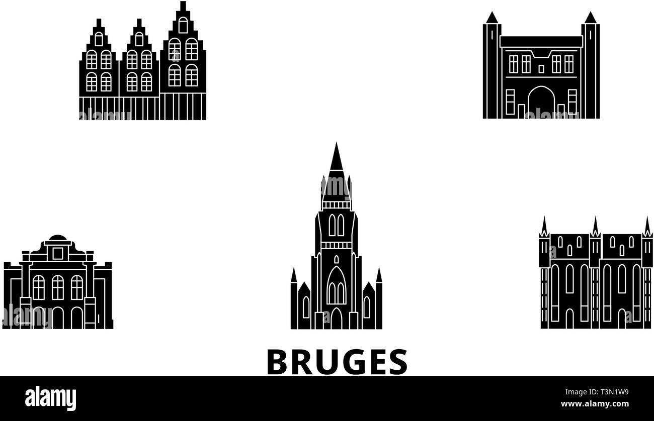 Belgium, Bruges flat travel skyline set. Belgium, Bruges black city vector illustration, symbol, travel sights, landmarks. Stock Vector