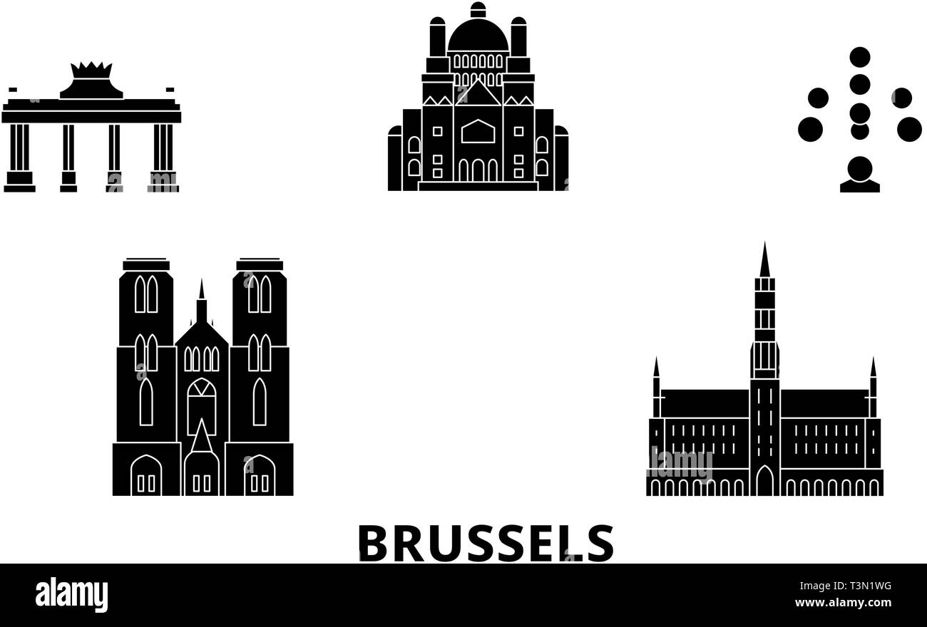 Belgium, Brussels flat travel skyline set. Belgium, Brussels black city vector illustration, symbol, travel sights, landmarks. Stock Vector