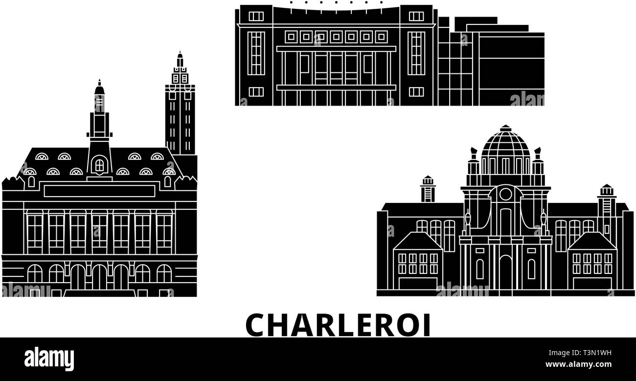 Belgium, Charleroi flat travel skyline set. Belgium, Charleroi black city vector illustration, symbol, travel sights, landmarks. Stock Vector