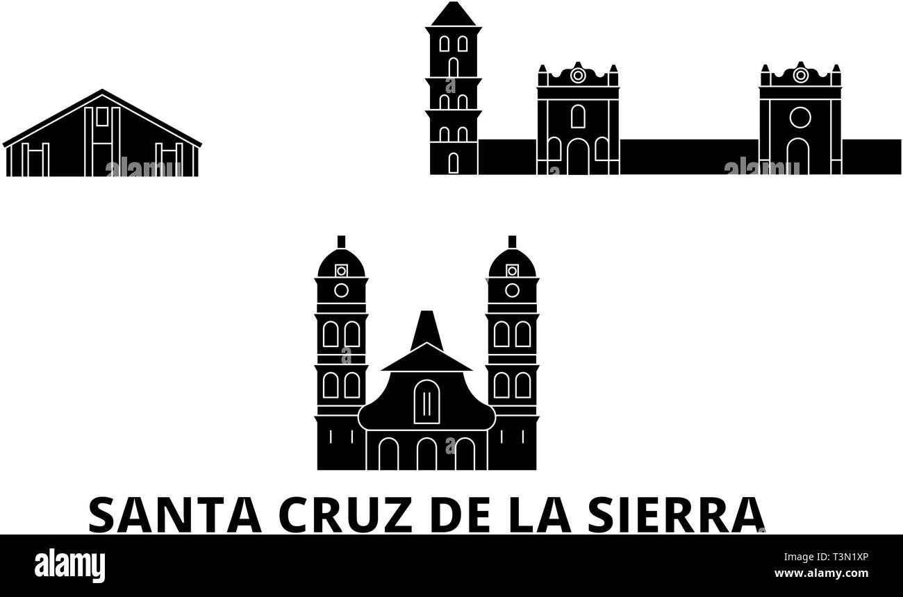 Bolivia, Santa Cruz De La Sierra flat travel skyline set. Bolivia, Santa Cruz De La Sierra black city vector illustration, symbol, travel sights Stock Vector