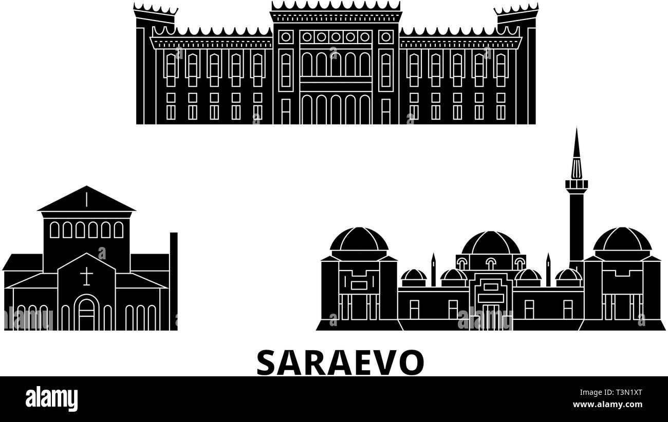 Bosnia And Herzegovina, Saraevo flat travel skyline set. Bosnia And Herzegovina, Saraevo black city vector illustration, symbol, travel sights Stock Vector