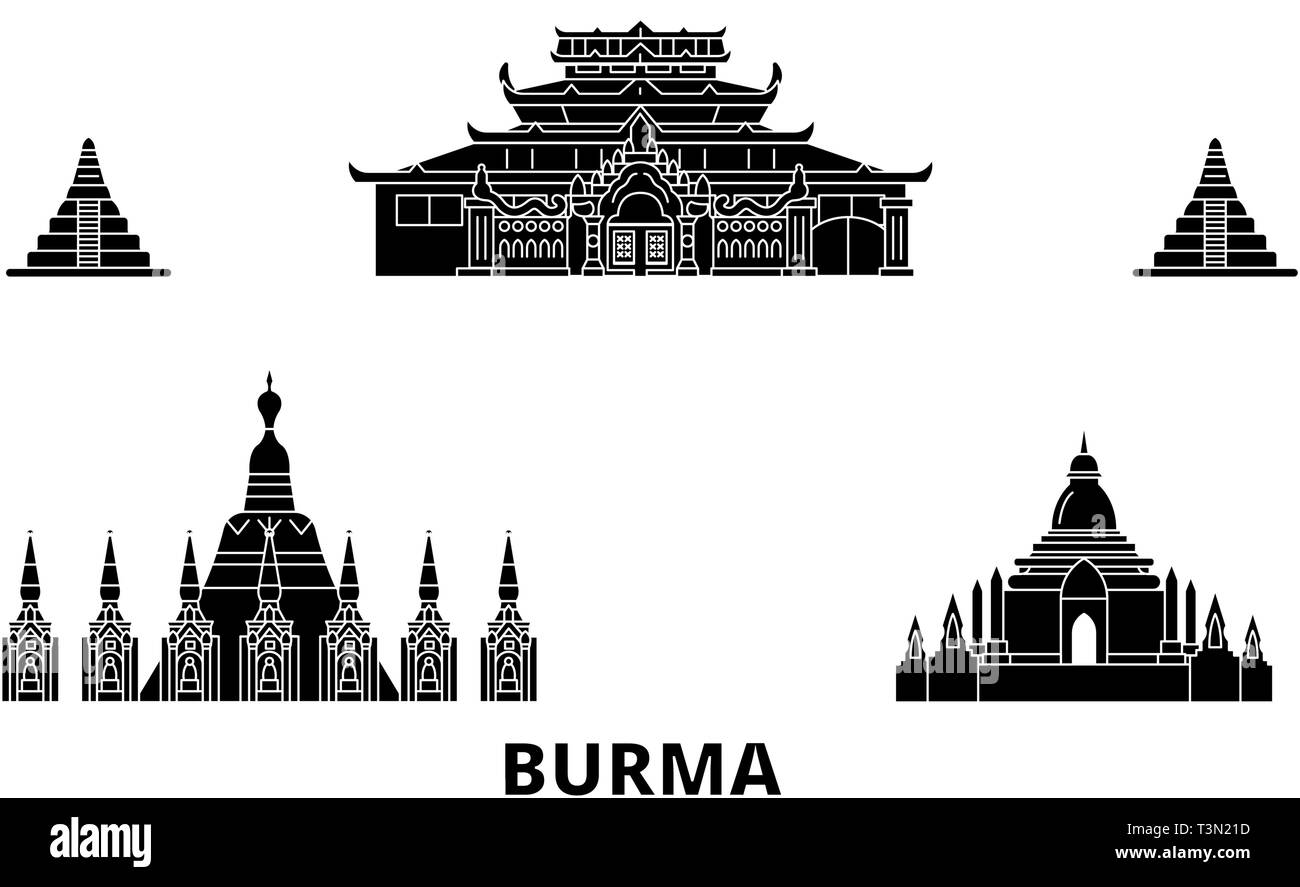 Burma flat travel skyline set. Burma black city vector illustration, symbol, travel sights, landmarks. Stock Vector