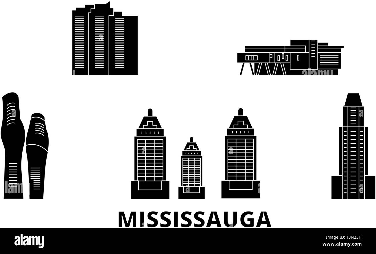 Canada, Mississauga flat travel skyline set. Canada, Mississauga black city vector illustration, symbol, travel sights, landmarks. Stock Vector