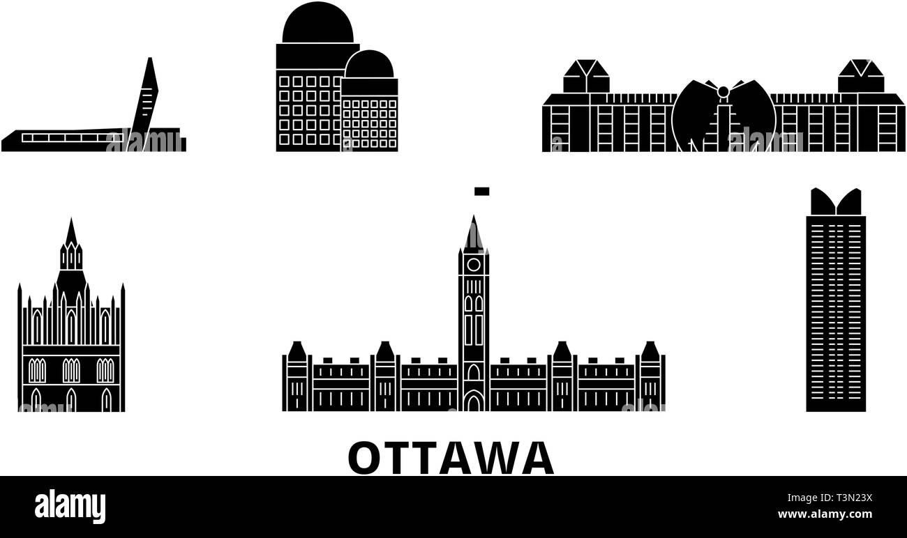 Canada, Ottawa flat travel skyline set. Canada, Ottawa black city vector illustration, symbol, travel sights, landmarks. Stock Vector