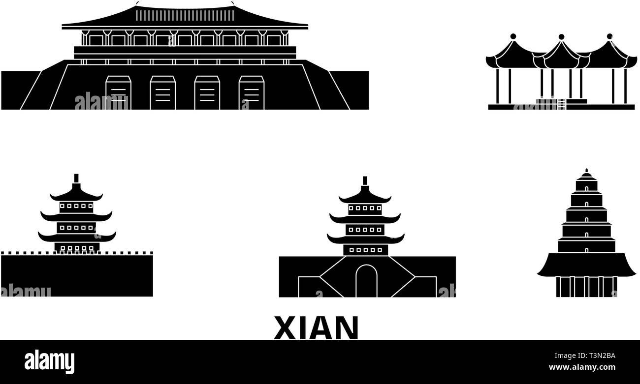 China, Xian flat travel skyline set. China, Xian black city vector