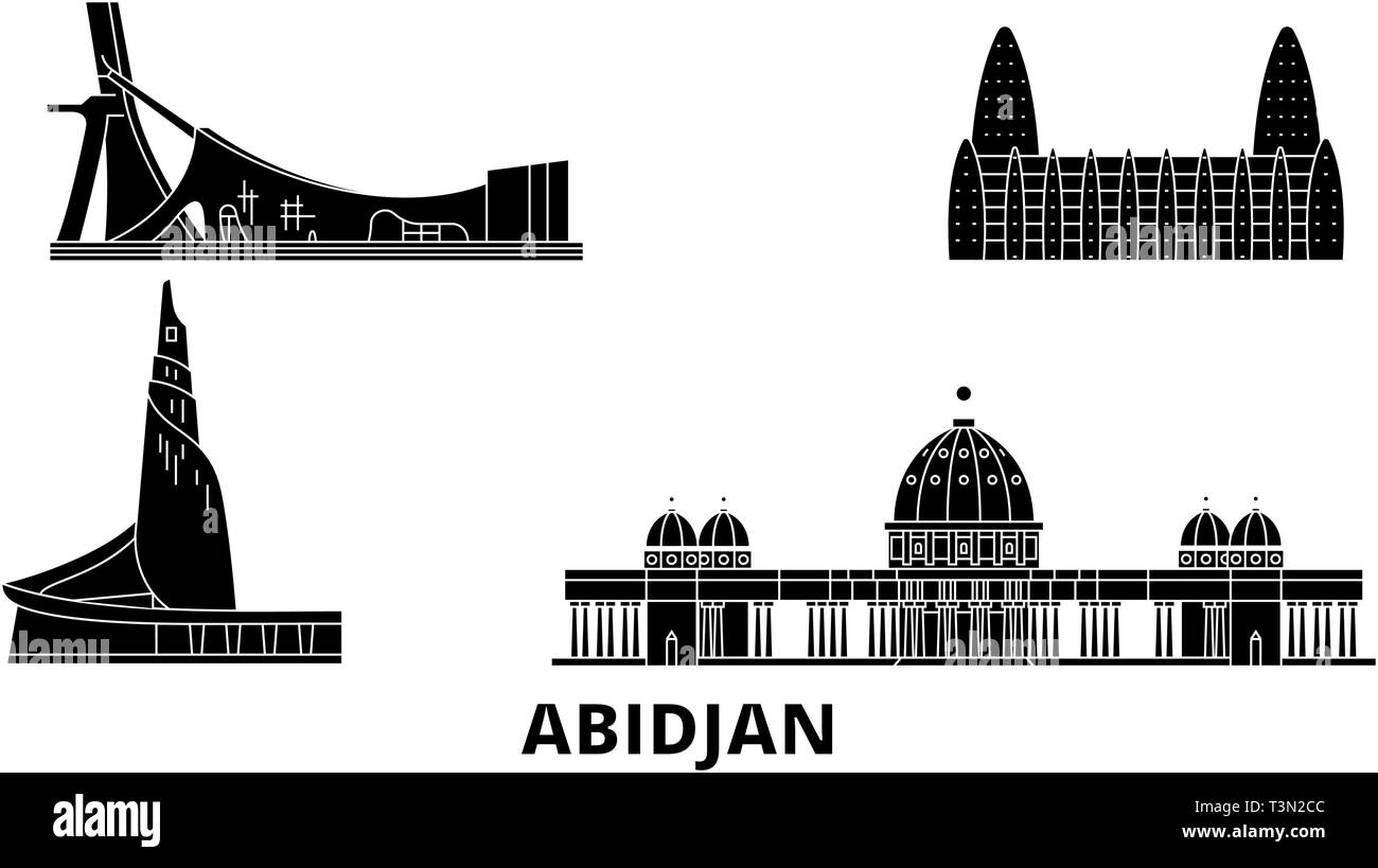 Cote Divoire, Abidjan flat travel skyline set. Cote Divoire, Abidjan black city vector illustration, symbol, travel sights, landmarks. Stock Vector