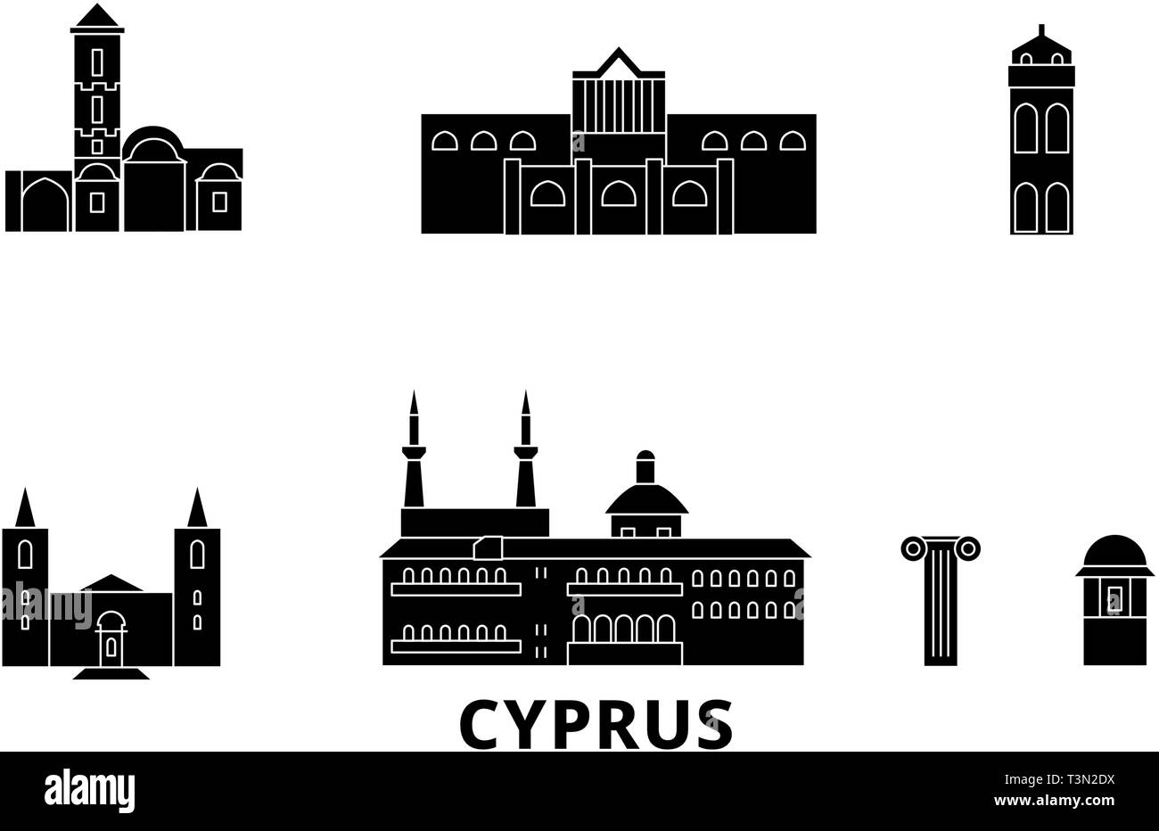 Cyprus flat travel skyline set. Cyprus black city vector illustration, symbol, travel sights, landmarks. Stock Vector