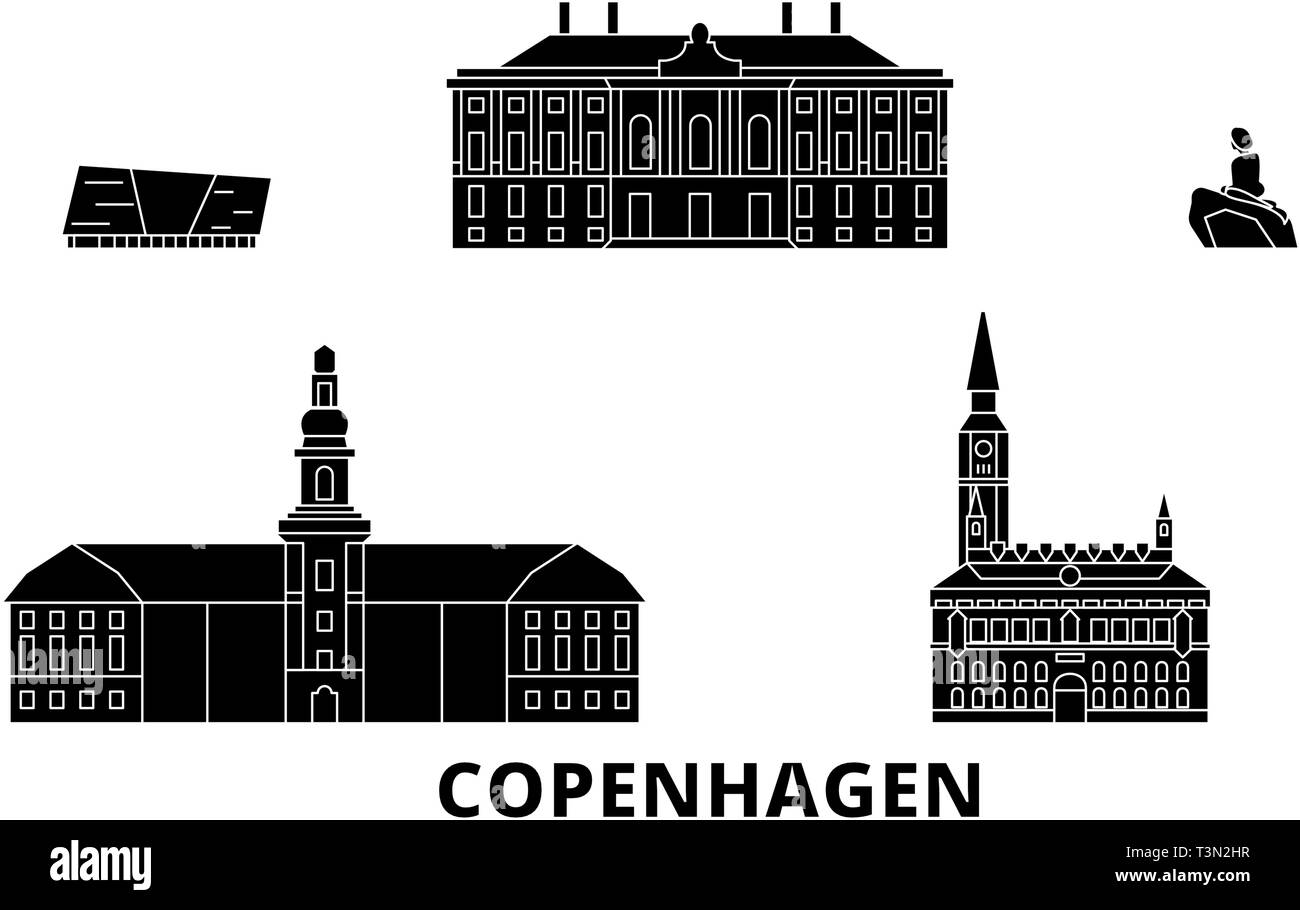 Denmark, Copenhagen flat travel skyline set. Denmark, Copenhagen black ...